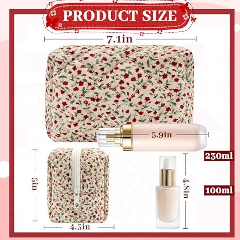 يورسكيتووس شنطة مكياج قطنية صغيرة مبطنة بتصميم زهور، شنطة مكياج لطيفة ومنتفخة بتصميم زهور، شنطة مكياج للسفر محمولة بسحاب لتخزين ادوات الزينة للنساء والفتيات والمراهقين والاطفال (احمر) - Image 4